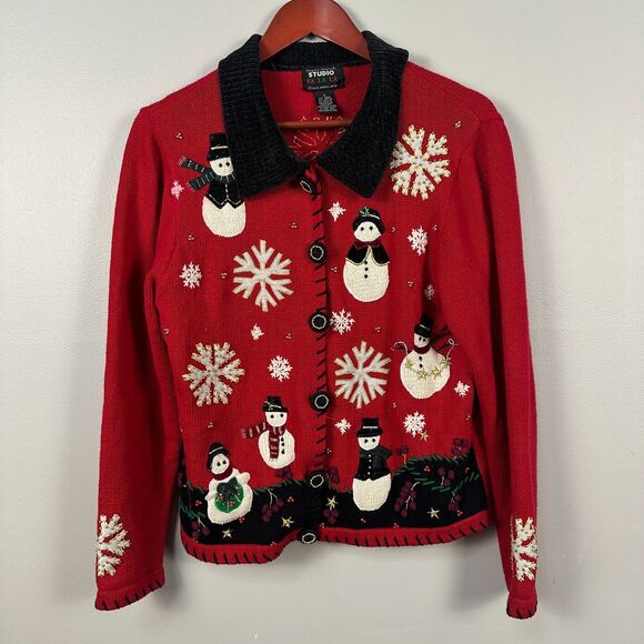 Vintage Studio Fa La Womens Small Holiday Cardigan Sweater Snowman Winter - Picture 1 of 5